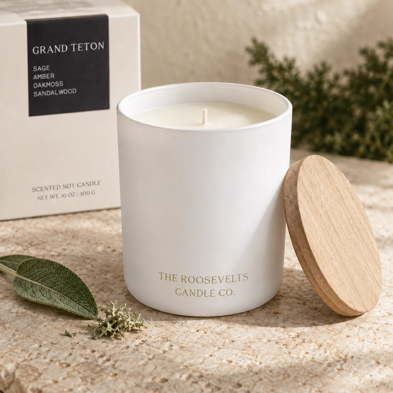 Grand Teton Candle candle, wax, cotton wick and wooden lid in a styled detail photograph