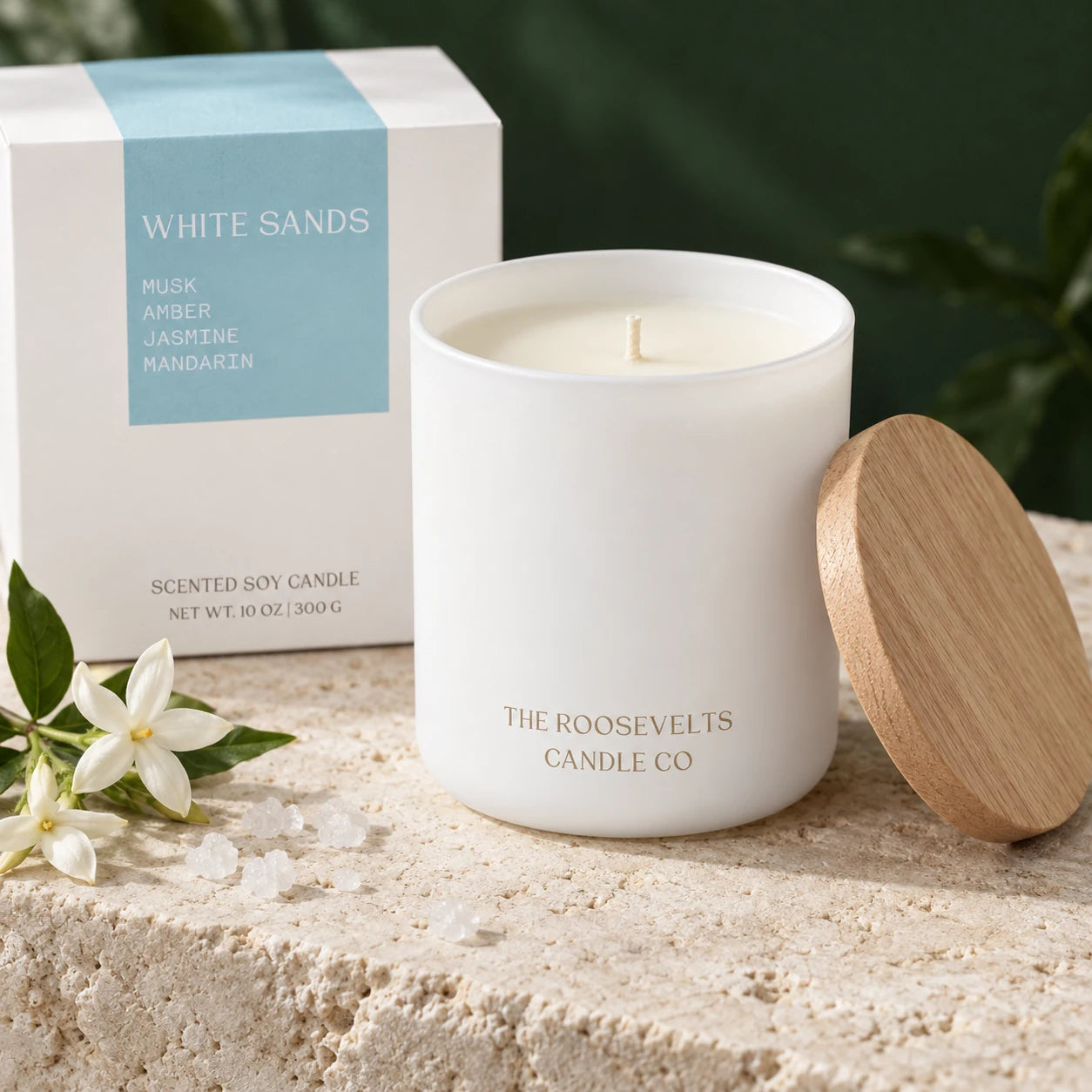 White Sands Candle candle, wax, cotton wick and wooden lid in a styled detail photograph