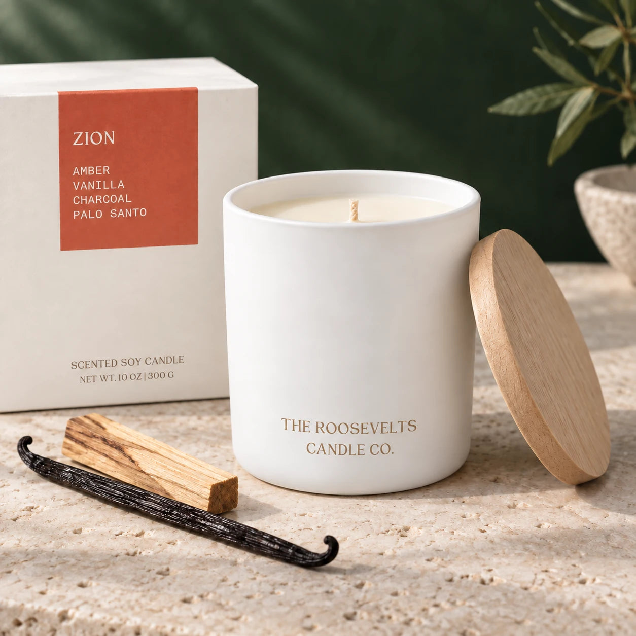 Zion Candle candle, wax, cotton wick and wooden lid in a styled detail photograph